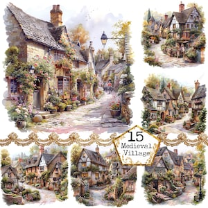 Pacchetto di clipart di case di villaggio medievale dell'acquerello JPEG Village House uso commerciale Download immediato artigianato di carta Junk Journal Scrapbooking