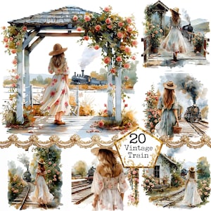 JPEG Shabby Chic aquarel vintage treinstation clipart bundel JPEG commercieel gebruik Instant Download papier ambachten ongewenste dagboek scrapbooking