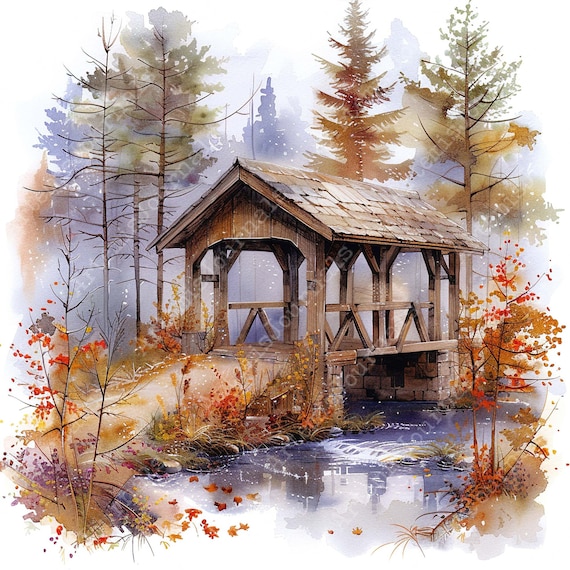 水彩画の秋の屋根付き橋のクリップアート バンドル JPEG 風景 風景