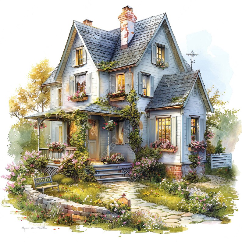 Puede incluir: Una casa de dos pisos de color azul claro con un techo gris y molduras blancas. La casa tiene un porche con una barandilla de madera y un banco. Hay flores y plantas que crecen alrededor de la casa y un camino de piedra que conduce a la puerta principal.