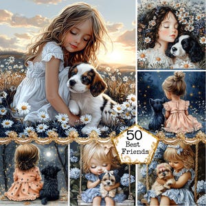 JPEG meisje en hondenvrienden Clipart schattig klein meisje met haar huisdier Commercieel gebruik Instant Download Paper Crafts Junk Journal Scrapbooking