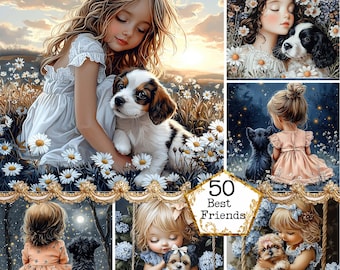 JPEG Girl and Dog Friends Clipart Cute Little Girl with her Pet Commercial Use Instant Download Paper Crafts Junk Journal Scrapbooking