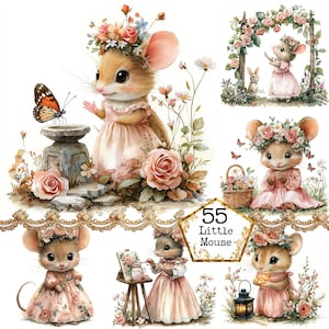 JPG aquarel vintage sprookjesmuis JPEG boekenwurm clipart veldmuis Lady Mouse Instant Download papier ambachten ongewenste dagboek scrapbooking
