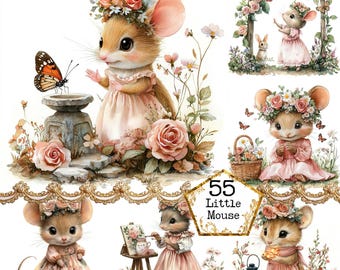 JPG Watercolor Vintage Fairytale Mouse JPEG Bookworm Clipart Field Mouse Lady Mouse  Instant Download Paper Crafts Junk Journal Scrapbooking