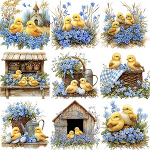 May include: A digital painting of nine yellow chicks with blue forget-me-not flowers. The chicks are in various settings, including a basket, a coop, and a wooden stand.