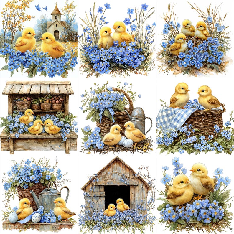 May include: A digital painting of nine yellow chicks with blue forget-me-not flowers. The chicks are in various settings, including a basket, a coop, and a wooden stand.