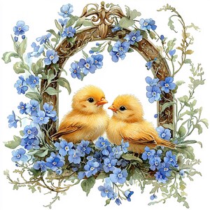 May include: Two yellow chicks with fluffy feathers are perched inside a decorative frame adorned with blue forget-me-not flowers. The frame is made of wood and has a gold-colored design.