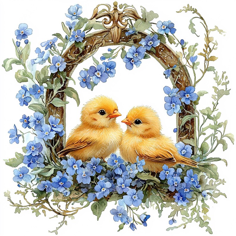 May include: Two yellow chicks with fluffy feathers are perched inside a decorative frame adorned with blue forget-me-not flowers. The frame is made of wood and has a gold-colored design.