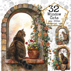 PNG Watercolor Windows Clipart Bundle Cat On a Window PNG Overgrown Windows Clipart Instant Download Paper Crafts Junk Journal Scrapbooking