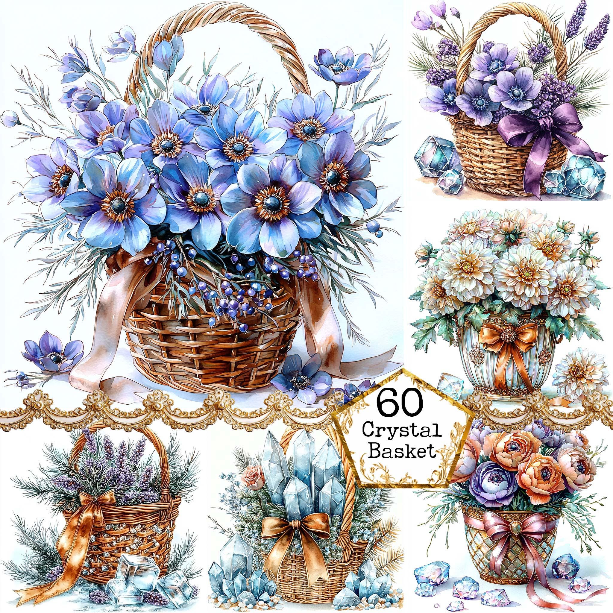 JPEG Crystal Baskets With Spring Flower Baskets Clipart Bundle Spring Clipart Instant Download Paper Crafts Junk Journal Scrapbooking