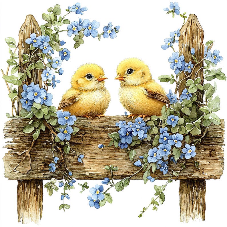 May include: Two yellow chicks perched on a wooden fence with blue forget-me-not flowers growing around it.