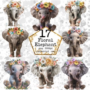 Ensemble de cliparts éléphant floral Illustration éléphant Graphismes éléphant Téléchargement instantané commercial Artisanat en papier Journal indésirable Scrapbooking