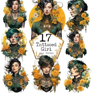 Menina floral com tatuagens Clipart Pacote Girl Sublimation Design PNG Uso comercial Download instantâneo Papel Artesanato Junk Journal Scrapbooking