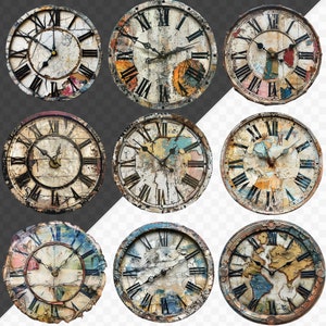 K&ouml;nnte beinhalten: Neun Vintage-Uhren mit r&ouml;mischen Zifferbl&auml;ttern und abgenutzter Farbe. Die Uhren haben unterschiedliche farbige Hintergr&uuml;nde und sind alle leicht unterschiedlich im Design.