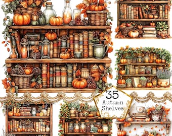 JPEG Autumn Shelf Clipart Bundle Bookshelves Pumpkin spice Fall clipart Autumn Instant Download Paper Crafts Junk Journal Scrapbooking