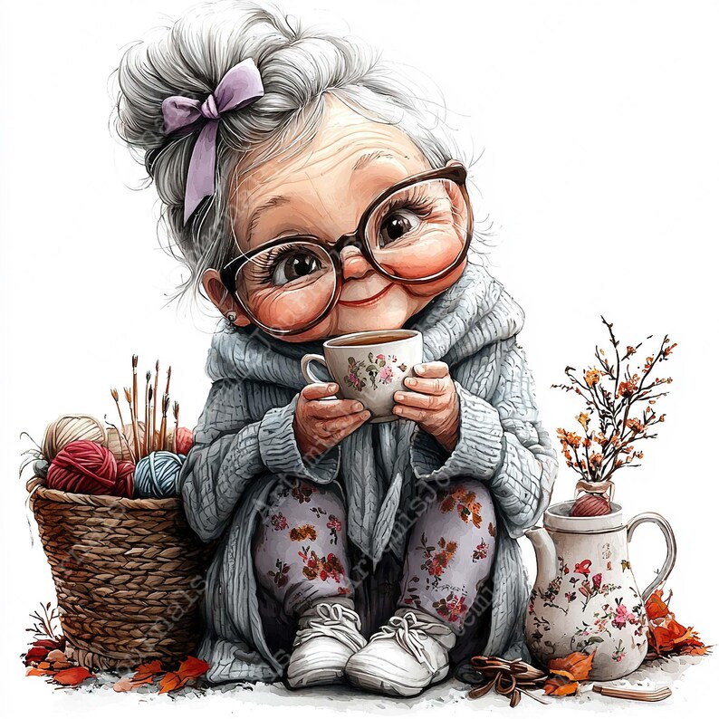JPEG Watercolor Senior Lady With Hot Tee Clipart Bundle Cozy Granny ...