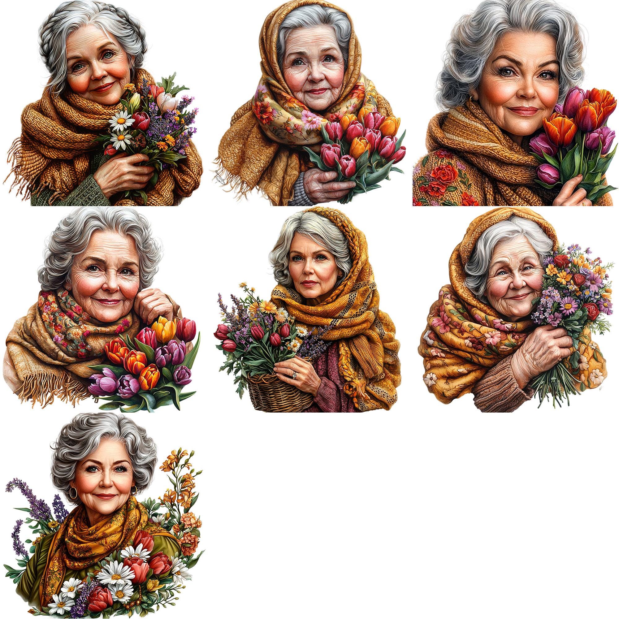 PNG + JPEG Watercolor Elderly Woman With Flower Bouquet Clipart Bundle ...
