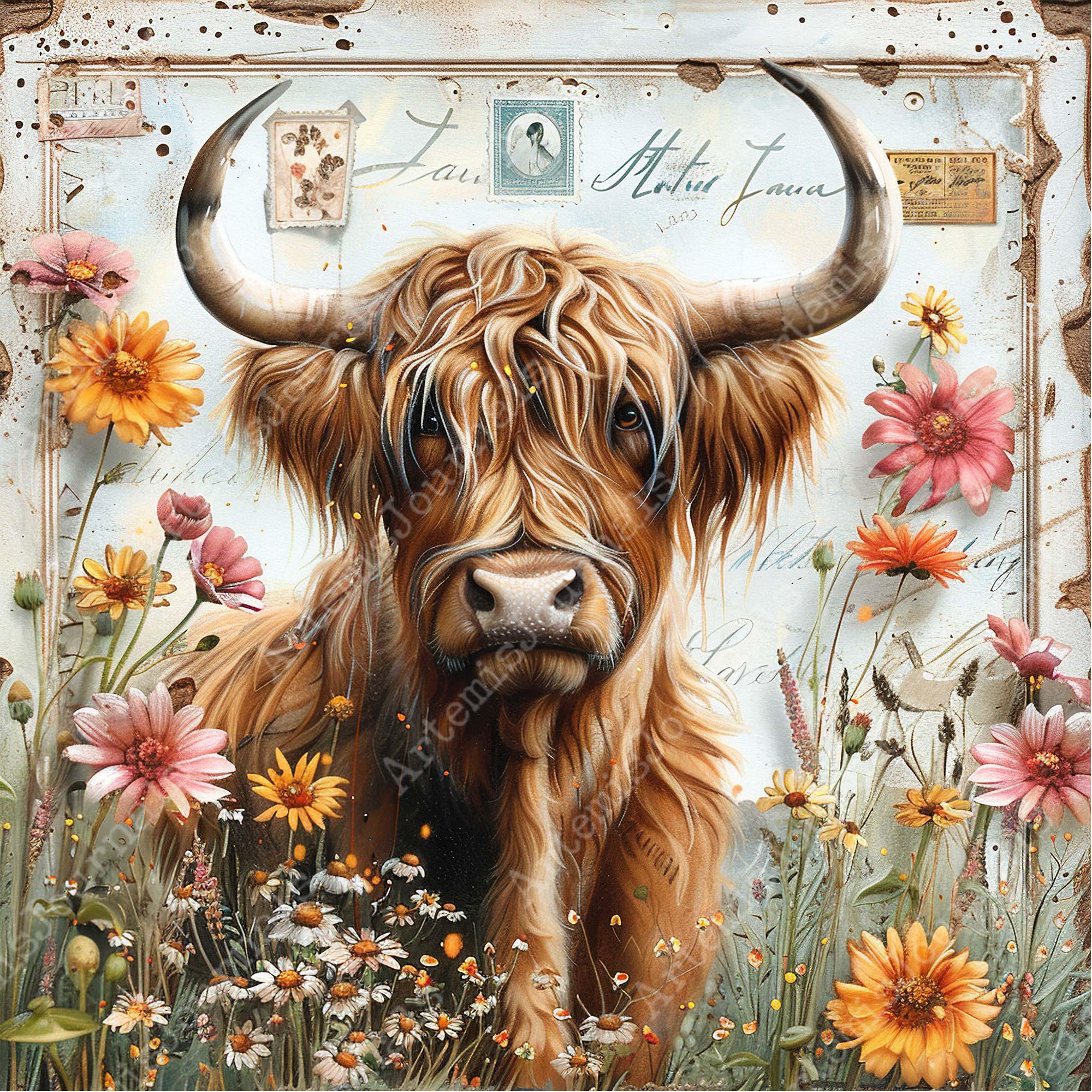 JPEG Highlander Flower Cow Junk Journal Papers Cottagecore Graphics Cow ...
