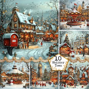 JPEG Akwarela Boże Narodzenie Miasto Clipart Bundle Xmas Clipart Miasto Ilustracja Natychmiastowe pobieranie Papierowe rzemiosło Dziennik śmieci Scrapbooking