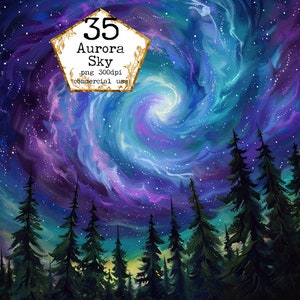 JPEG Aquarela Aurora Papel Digital Aurora Boreal céu noturno de inverno com paisagens de silhueta de floresta JPEG Download instantâneo Artesanato em papel