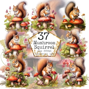 Bundle de cliparts aquarelle champignon écureuil Woodland Clipart usage commercial Téléchargement instantané papier artisanat Junk Journal Scrapbooking
