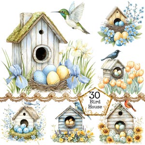 PNG + JPEG aquarelle maison d'oiseau de Pâques, maison d'oiseaux, oeuf de Pâques, nichoir floral, téléchargement immédiat, créations en papier, journal indésirable, Scrapbooking