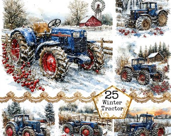 May include: A collage of six images featuring blue tractors in winter scenes. The tractors are in various settings, including a snowy field, a forest, and a bridge. The images are all in a watercolor style and feature a variety of details, such as snow-covered trees, a waterfall, and a red barn. The text "25 Winter Tractor" is featured in the center of the collage.