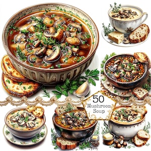 Pacote de clipart de sopa de cogumelos da vovó em aquarela JPEG Clipart de culinária rústica Download instantâneo Artesanato em papel Diário de sucata Scrapbooking