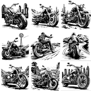 May include: A collection of nine black and white illustrations of motorcycles. The motorcycles are depicted in various poses and settings, including riding on roads, in front of cityscapes, and in desert landscapes.