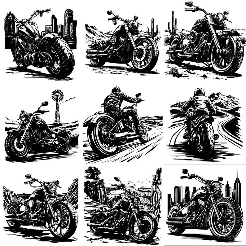 May include: A collection of nine black and white illustrations of motorcycles. The motorcycles are depicted in various poses and settings, including riding on roads, in front of cityscapes, and in desert landscapes.