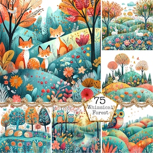 JPEG Acquerello Foresta stravagante Grafica Animale della foresta Volpe Riccio Coniglio Airone Gufo Download immediato Carta artigianale Diario spazzatura Scrapbooking