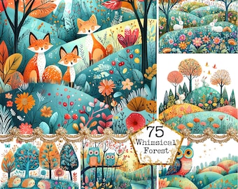 JPEG Watercolor Whimsical Forest Graphics Forest Animal Fox Hedgehog Rabbit Heron Owl Instant Download Paper Craft Junk Journal Scrapbooking