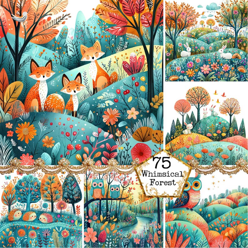 a painting of a forest with a fox and flowers