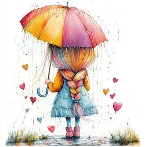 JPEG Quirky Girl and an Umbrella Clipart Bundle Rainy Day Whimsical Girl clipart Download immediato Paper Crafts Junk Journal Scrapbooking