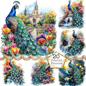JPEG aquarelle fantaisie paon magique Clipart Bundle Téléchargement instantané Fantasy jardin magique artisanat en papier Junk Journal Scrapbooking