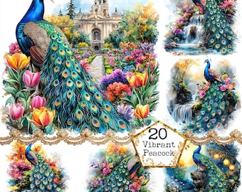 May include: A digital collage of 20 vibrant peacock images. Each image features a peacock with its tail feathers spread out in a fan shape. The peacocks are depicted in various settings, including a garden, a waterfall, and a forest. The images are all in a watercolor style and are very colorful.