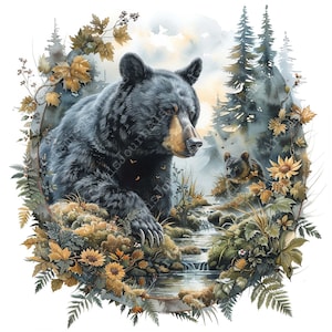 Black Bear and Mountain Forest Clipart Bundle JPEG Commercial Printable Background Instant Download Paper Crafts Junk Journal Scrapbooking image 2
