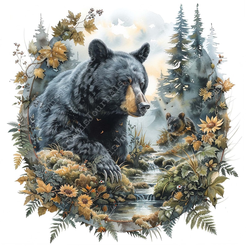 Black Bear and Mountain Forest Clipart Bundle JPEG Commercial Printable Background Instant Download Paper Crafts Junk Journal Scrapbooking image 2