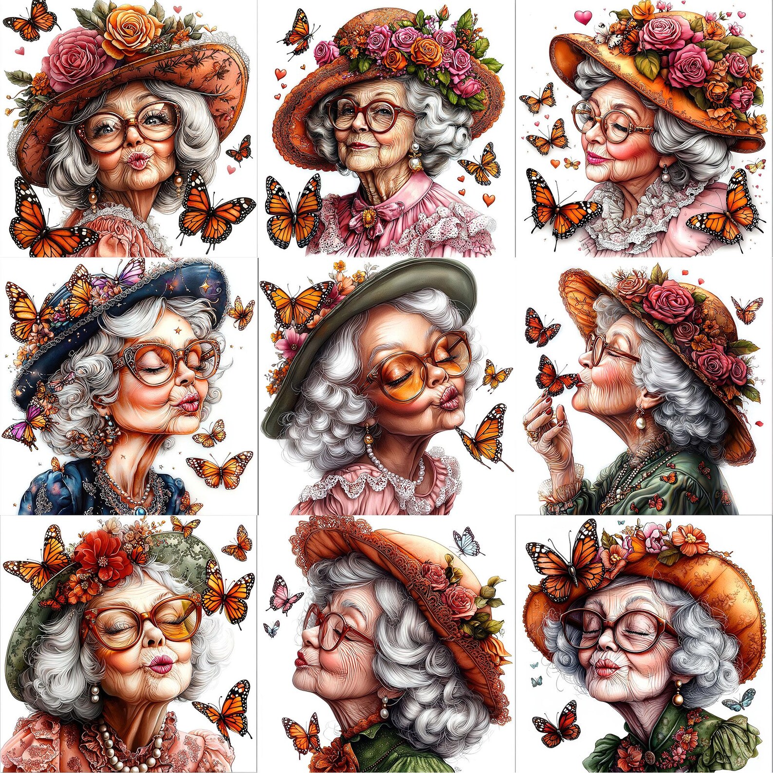 JPEG Watercolor Elderly Lady With Butterflies Clipart Bundle Spring ...