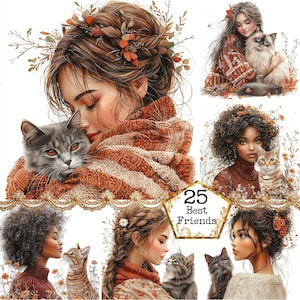 JPEG Girl and Cat Friends Clipart Beautiful Girl and her Cat Friendship Clipart Instant Download Paper Crafts Junk Journal Scrapbooking