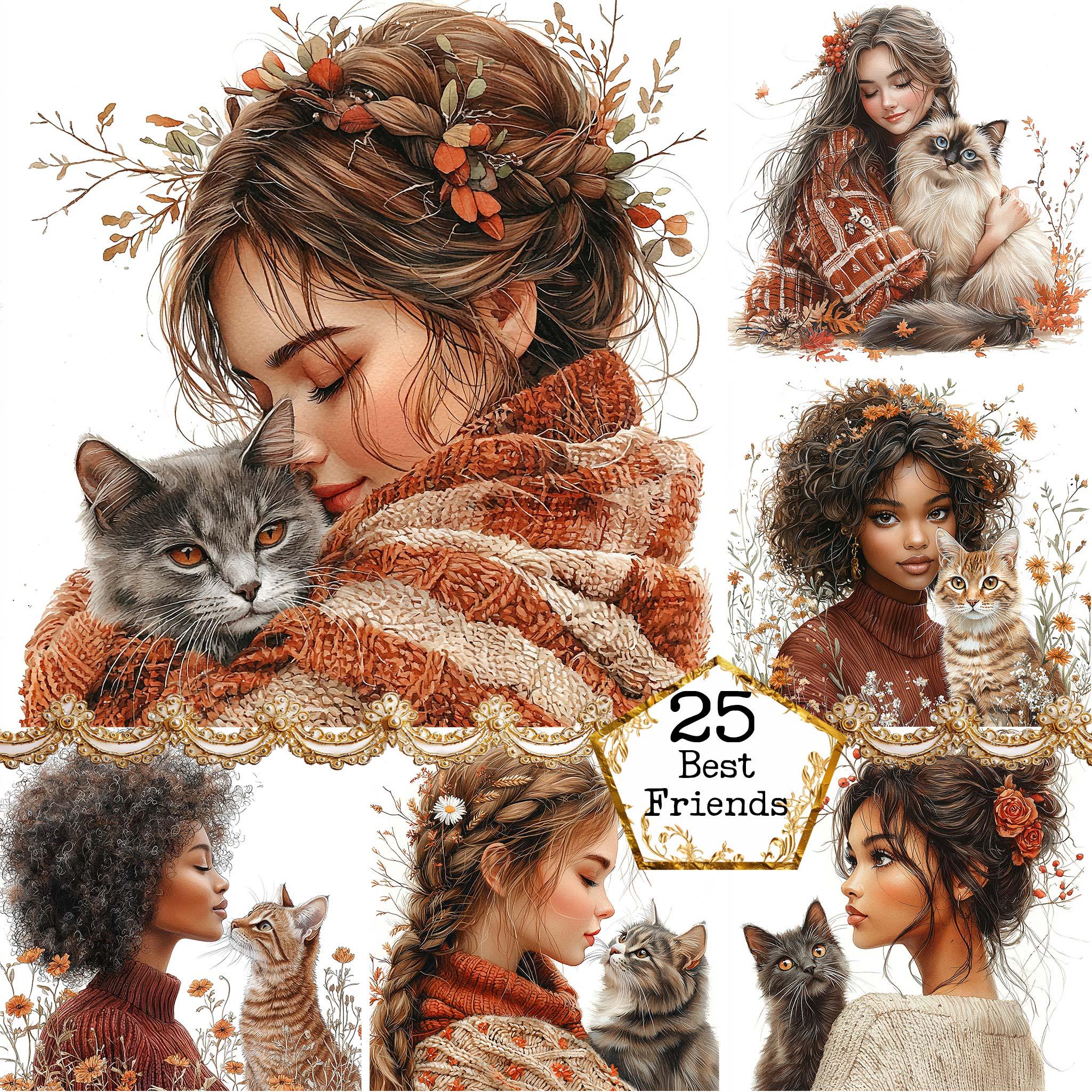 JPEG Girl and Cat Friends Clipart Beautiful Girl and her Cat Friendship Clipart Instant Download Paper Crafts Junk Journal Scrapbooking