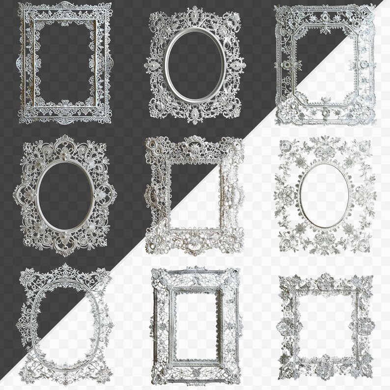 May include: Set of nine ornate silver picture frames with various shapes and sizes. The frames have a delicate, intricate design with floral motifs.