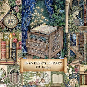 May include: An illustrated wooden chest with open books, surrounded by floral and botanical elements. The chest features intricate carvings and is set against a backdrop of blue curtains and a library scene. The text "TRAVELER'S LIBRARY 170 Pages" is displayed on a scroll.