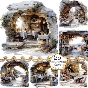 Aquarell Höhle Restaurant Bundle JPEG Sofortiger Download Aquarell Strand Sommer Clipart Kommerzielle Papier Handwerk Junk Journal Scrapbooking