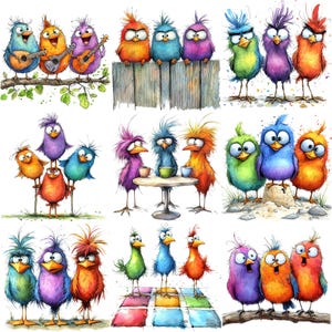 a group of colorful birds sitting on top of a wooden fence