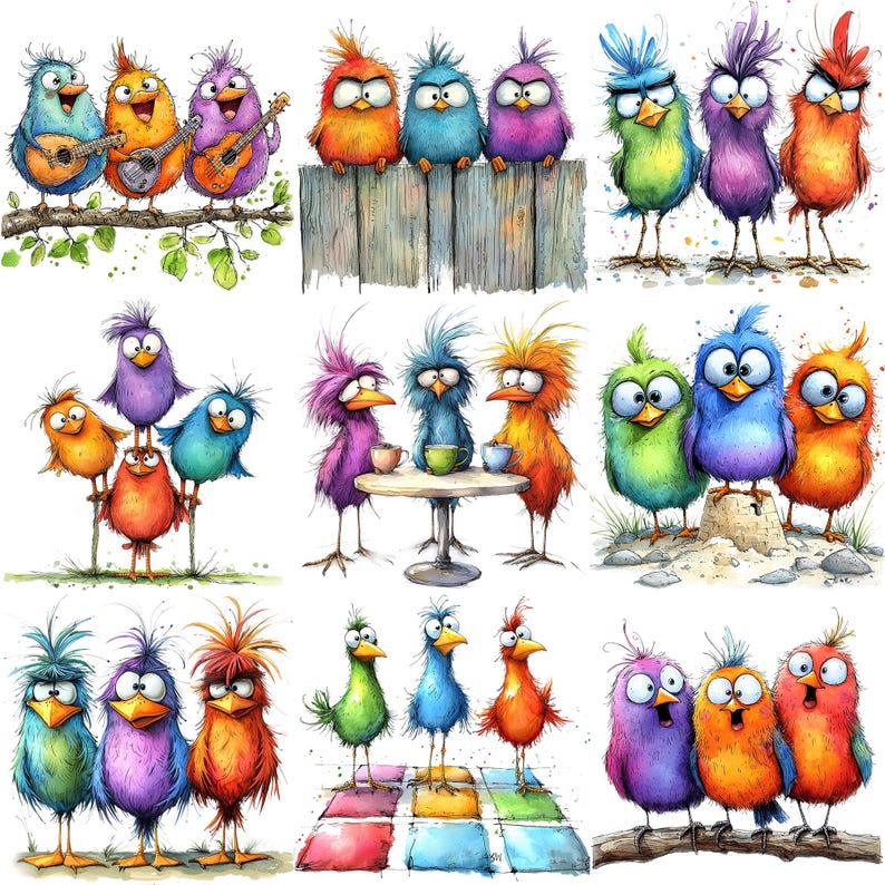 a group of colorful birds sitting on top of a wooden fence
