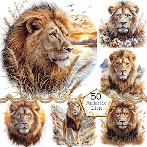 Pacote de clipart de retrato de leão majestoso em aquarela JPEG Animal africano Safari Animal Download instantâneo Papel Artesanato Junk Journal Scrapbooking