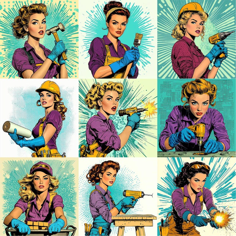 May include: A collage of nine illustrations featuring women in various workwear outfits, each holding a different tool. The women are depicted in a comic book style with vibrant colors and dynamic poses. The tools include a paintbrush, a drill, a saw, a hammer, a level, a wrench, a screwdriver, a tape measure, and a pair of pliers.