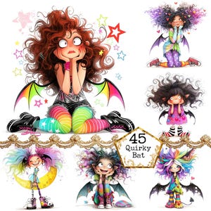 Könnte beinhalten: Eine Sammlung skurriler Illustrationen mit Comicfiguren mit Fledermausflügeln. Die Charaktere haben farbenfrohe Haare, Kleidung und Accessoires. Die Illustrationen sind vor einem weißen Hintergrund mit Sternen und dekorativen Elementen angeordnet. Der Text "45 Quirky Bat" ist ebenfalls enthalten.