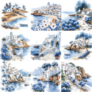 a painting of a blue and white landscape
